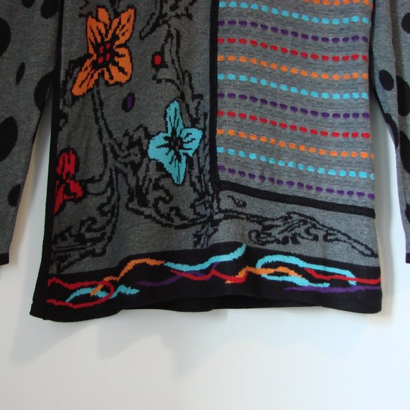 Gabby Isabella Tunic Sweater Colourful Floral Round Neck Gray Black Size Large - Picture 8 of 15